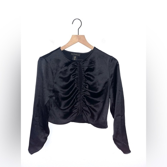 HOUSE OF HARLOW 1960 Revolve Black Satin Long Sleeve Blouse Top Size Medium - Picture 7 of 11